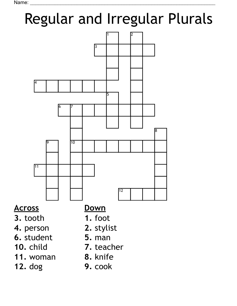 Regular and Irregular Plurals Crossword