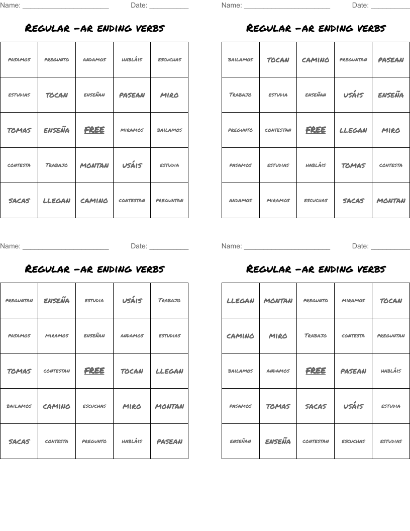 Regular -ar ending verbs Bingo Cards