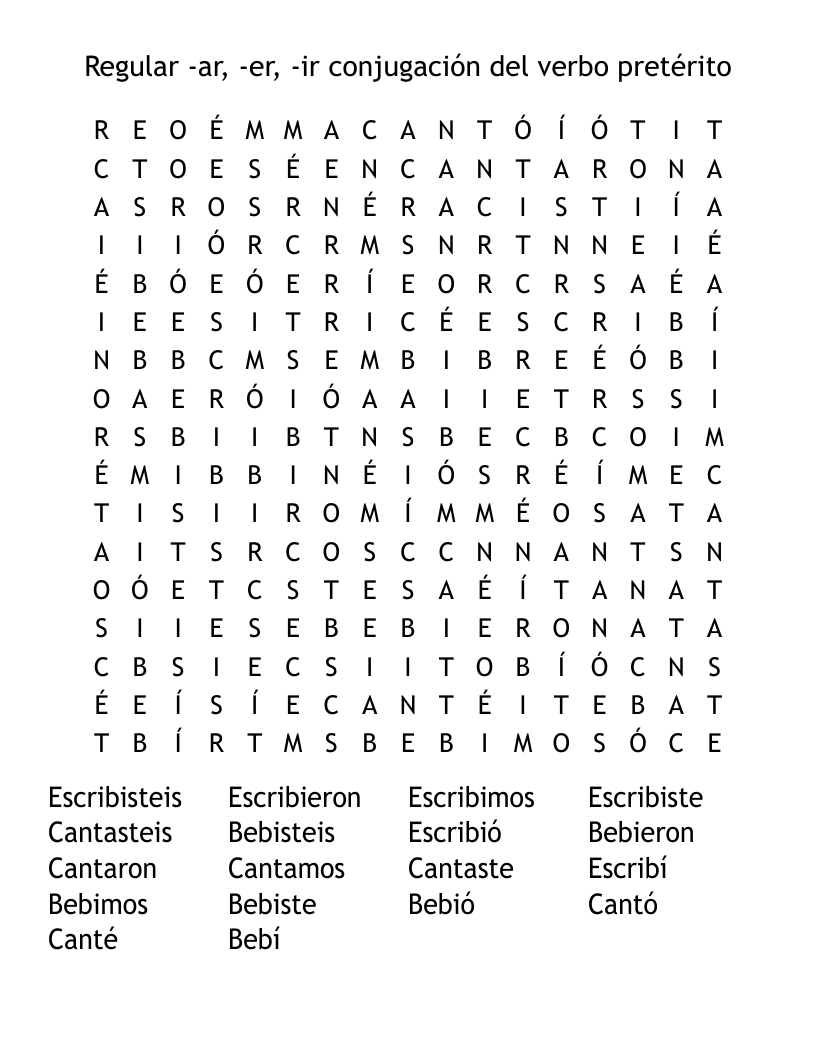 Regular -ar, -er, -ir conjugación del verbo pretérito Word Search