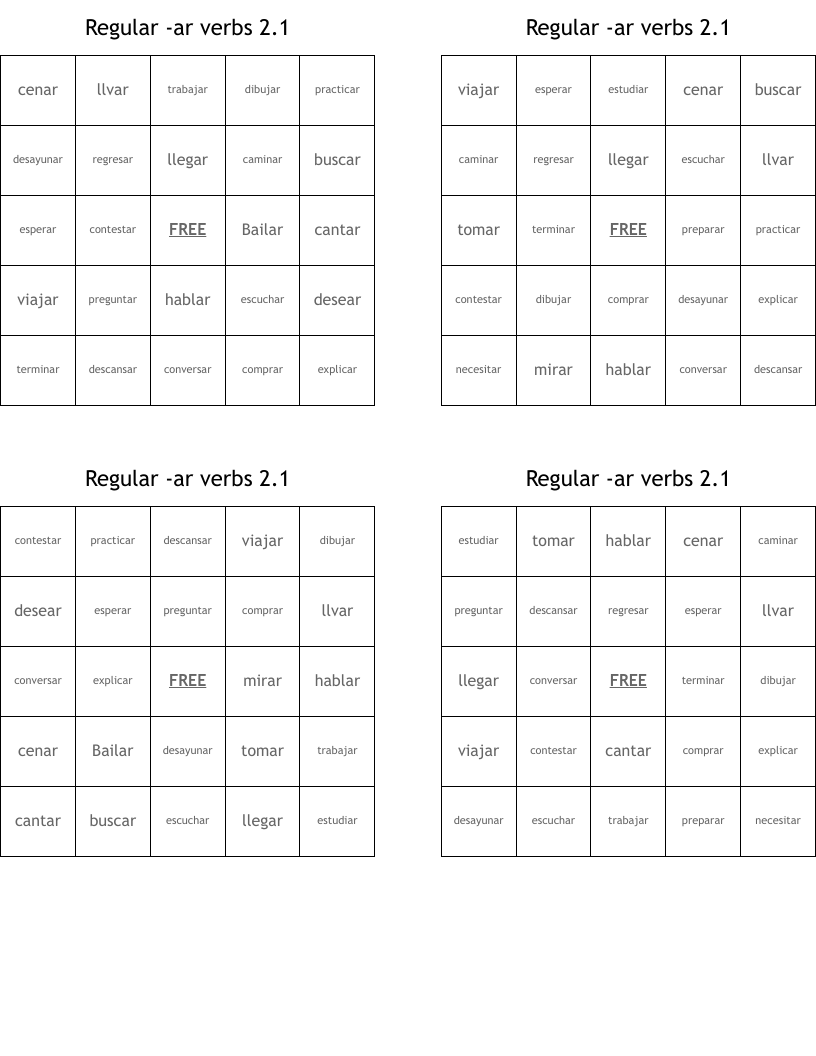 Regular -ar verbs 2.1 Bingo Cards