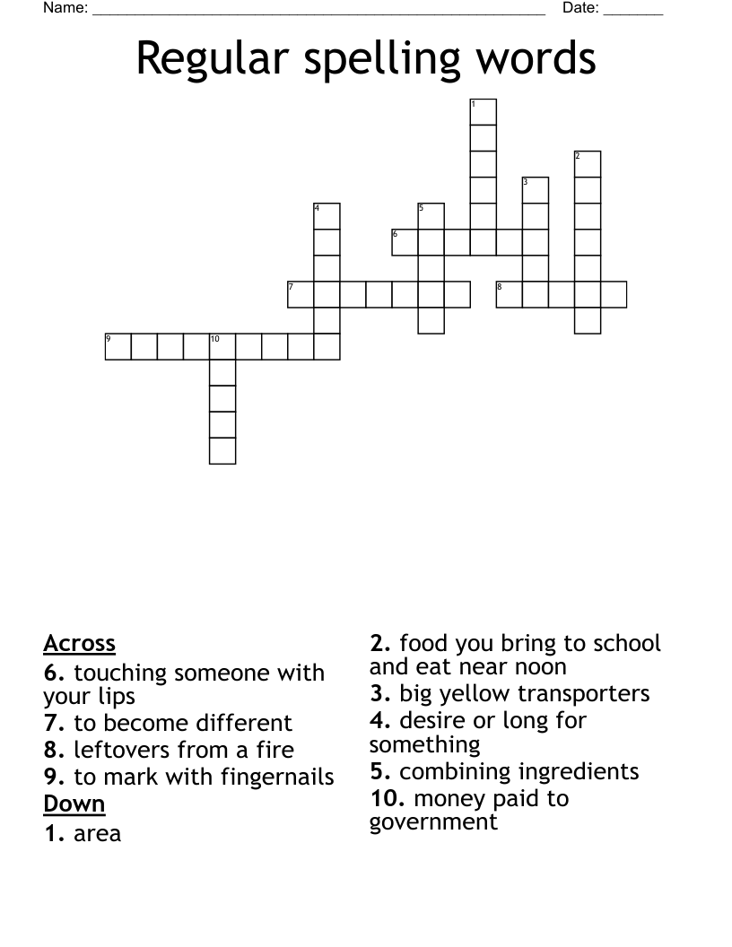 Regular spelling words Crossword
