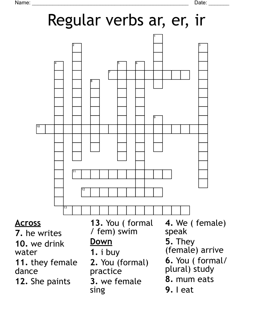 Regular verbs ar, er, ir  Crossword