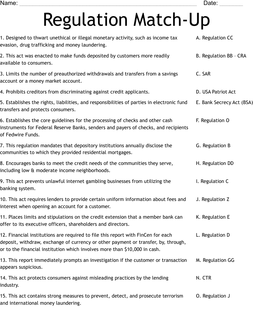 Regulation Match-Up Worksheet