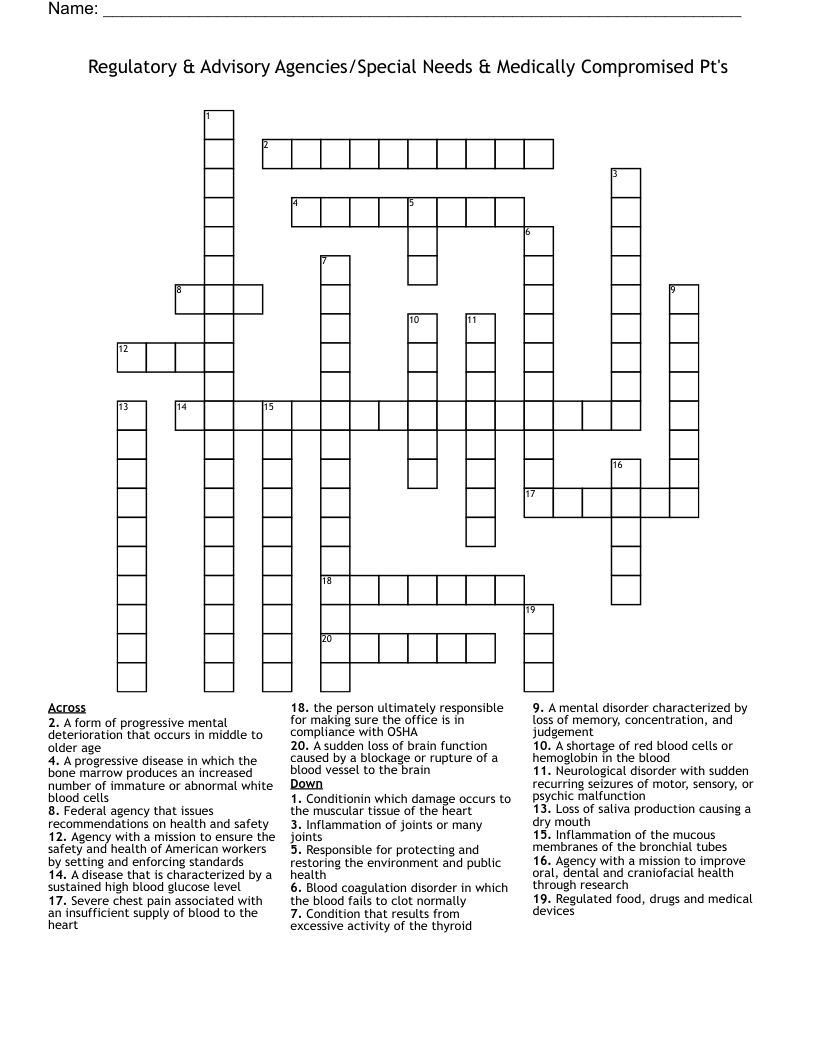 Regulatory & Advisory Agencies/Special Needs  & Medically Compromised Pt's Crossword