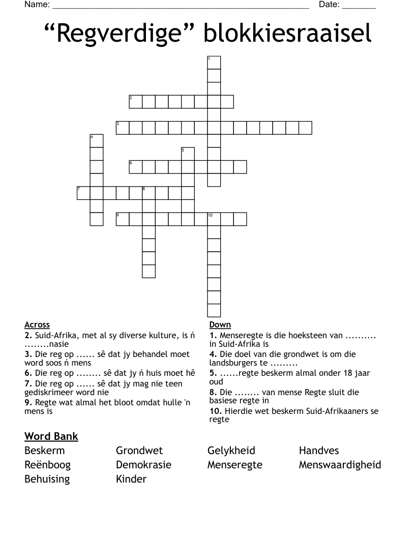 “Regverdige” blokkiesraaisel Crossword