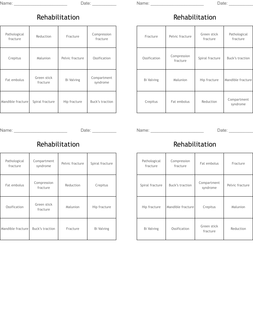 Rehabilitation  Bingo Cards