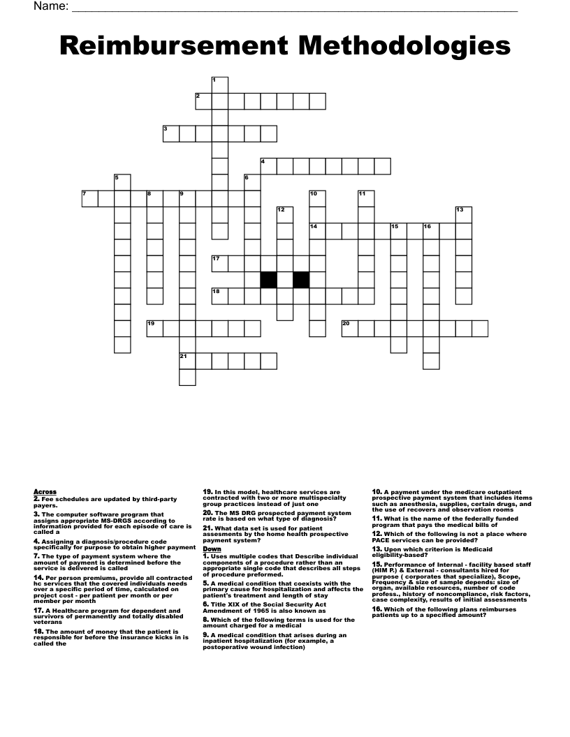 Reimbursement Methodologies Crossword