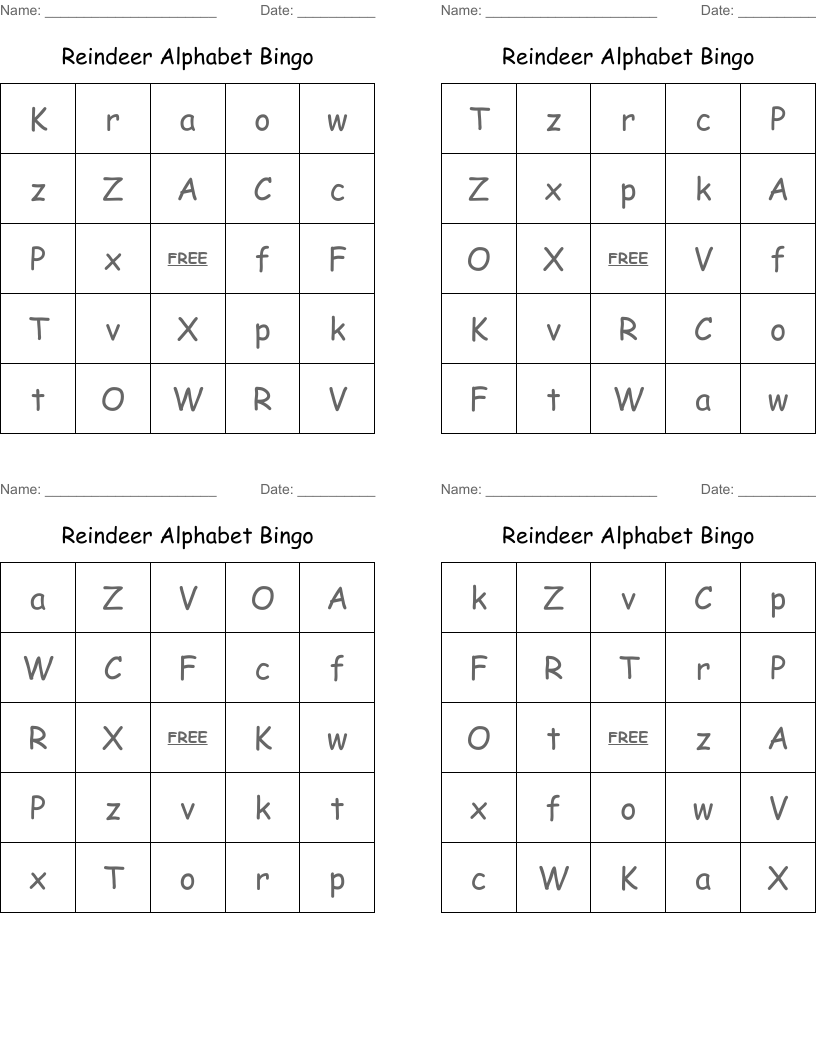 Reindeer Alphabet Bingo