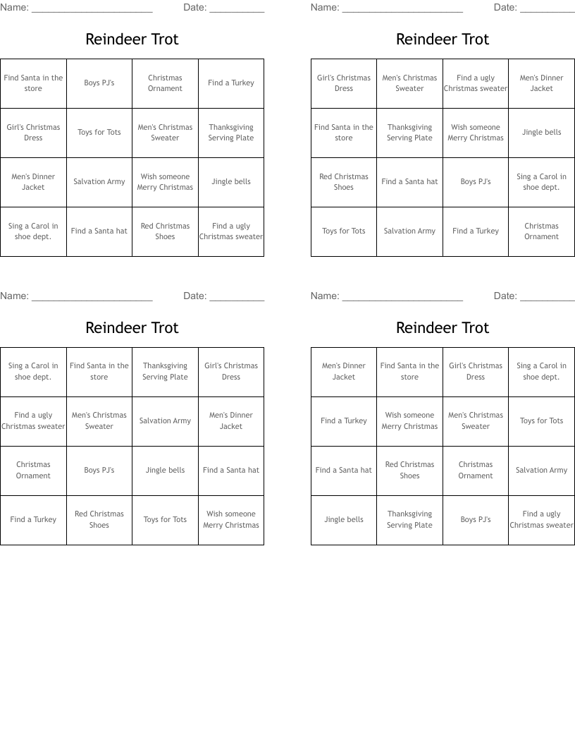 Reindeer Trot Bingo Cards