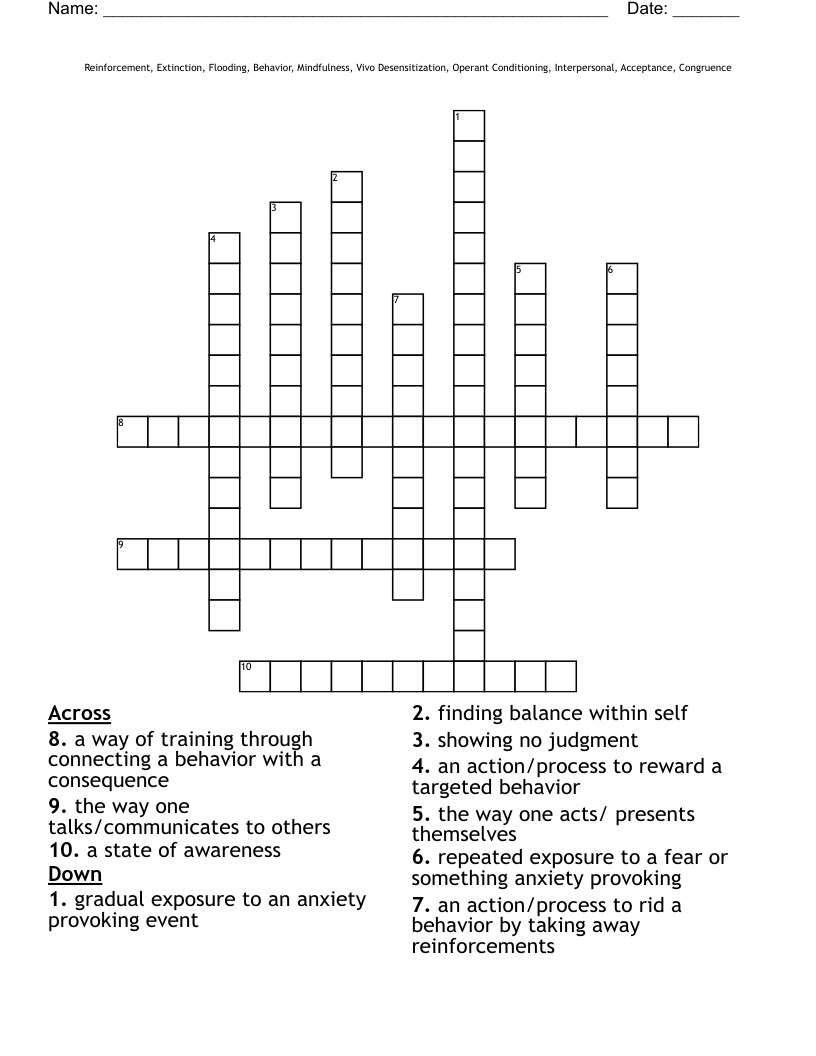 Reinforcement, Extinction, Flooding, Behavior, Mindfulness, Vivo Desensitization, Operant Conditioning, Interpersonal, Acceptance, Congruence Crossword