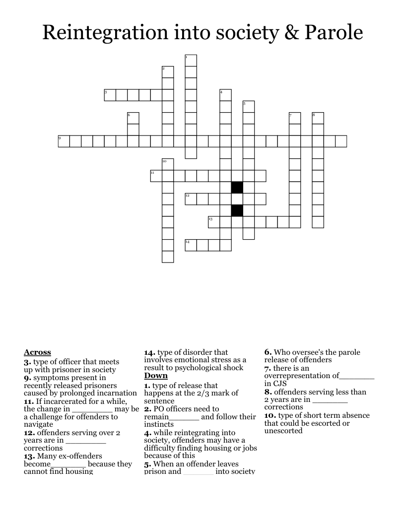 Reintegration into society & Parole Crossword