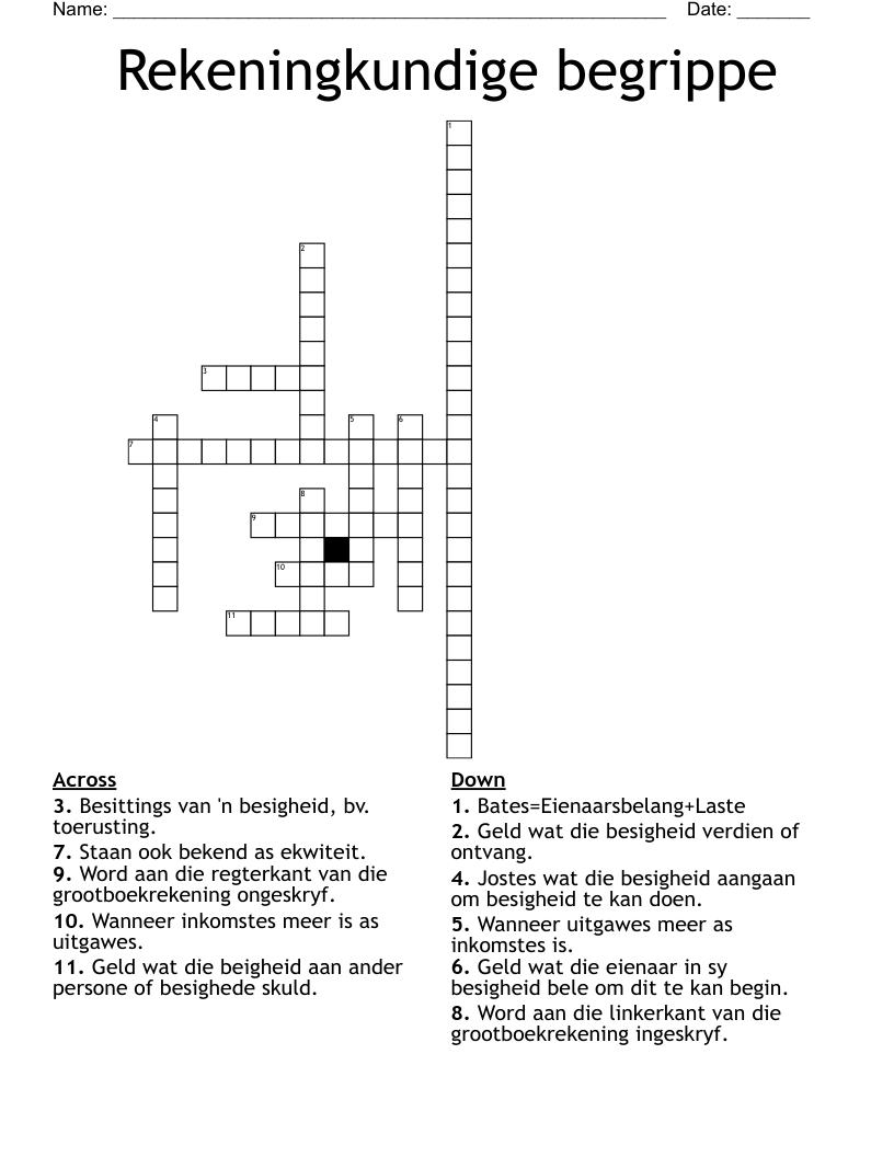 Rekeningkundige begrippe Crossword