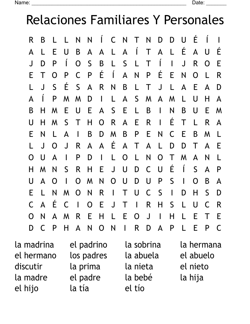 Relaciones Familiares Y Personales Word Search