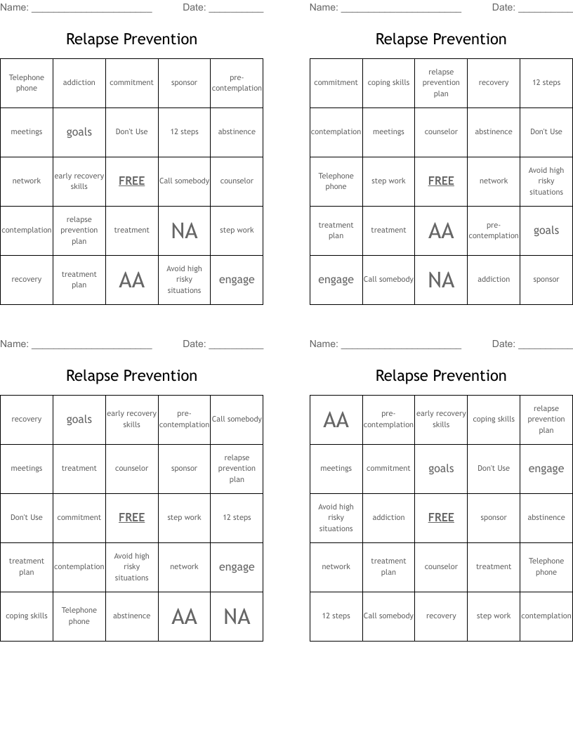 Relapse Prevention Bingo Cards