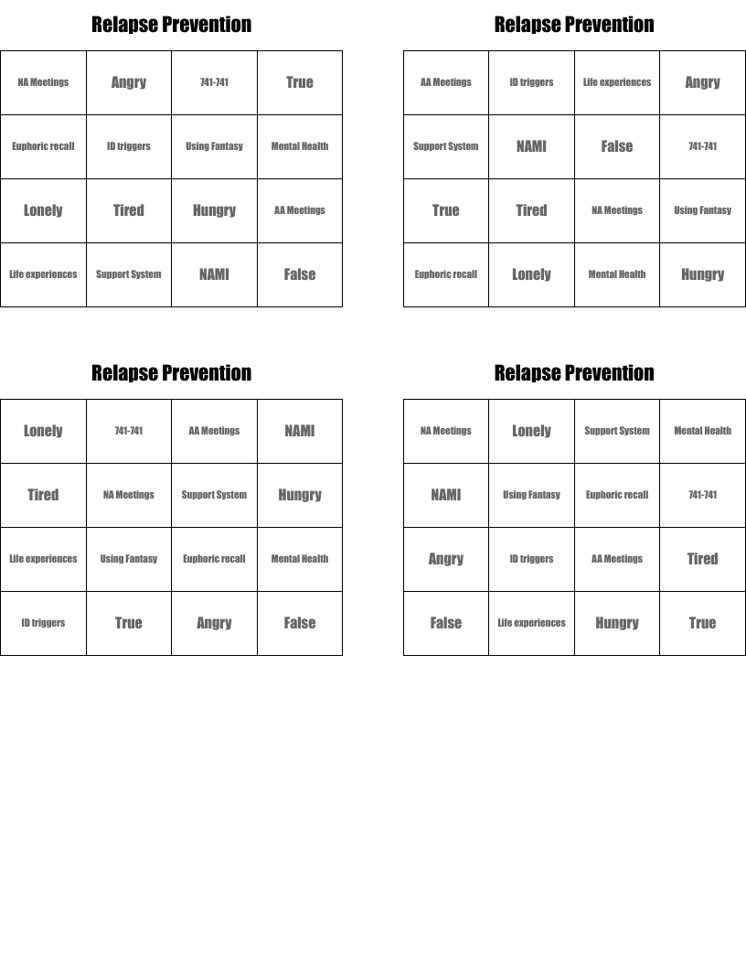 Relapse Prevention Bingo Cards