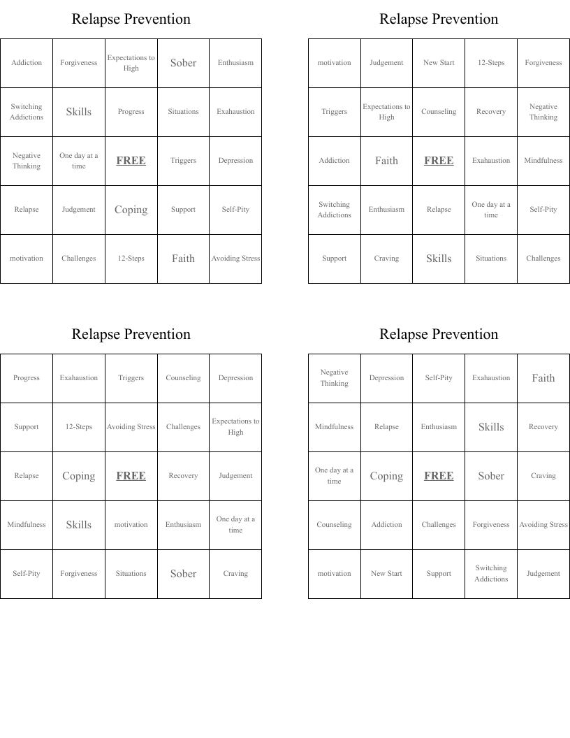 Relapse Prevention Bingo Cards