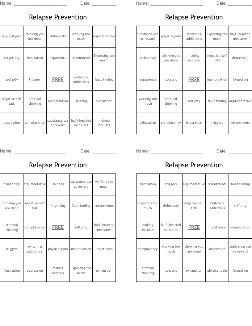 Relapse Prevention Bingo Cards