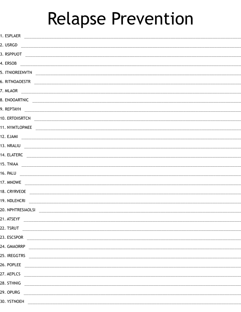 Relapse Prevention Word Scramble