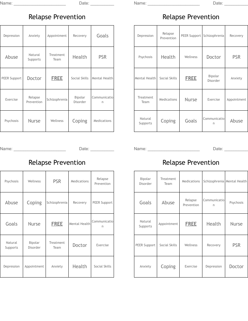 Relapse Prevention Bingo Cards
