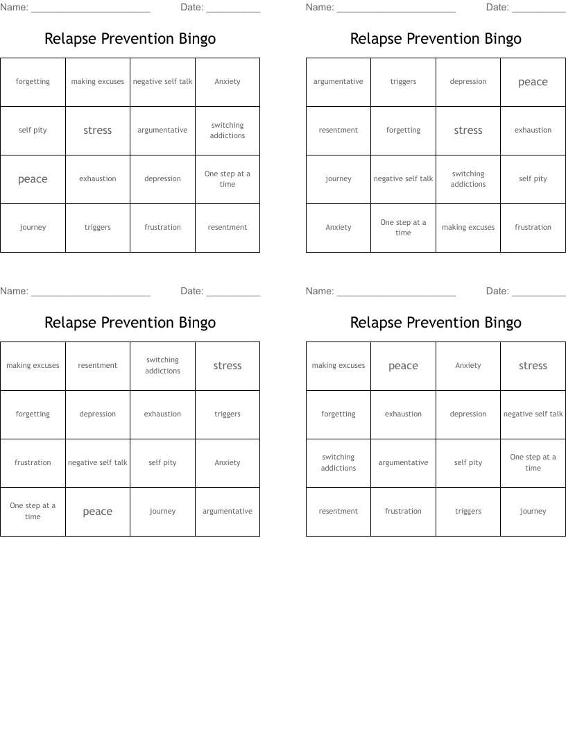 Relapse Prevention Bingo