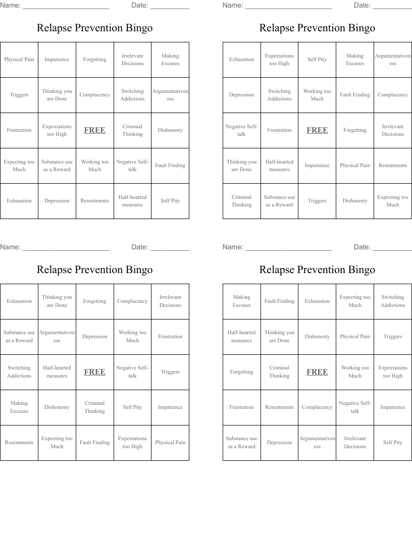Relapse Prevention Bingo