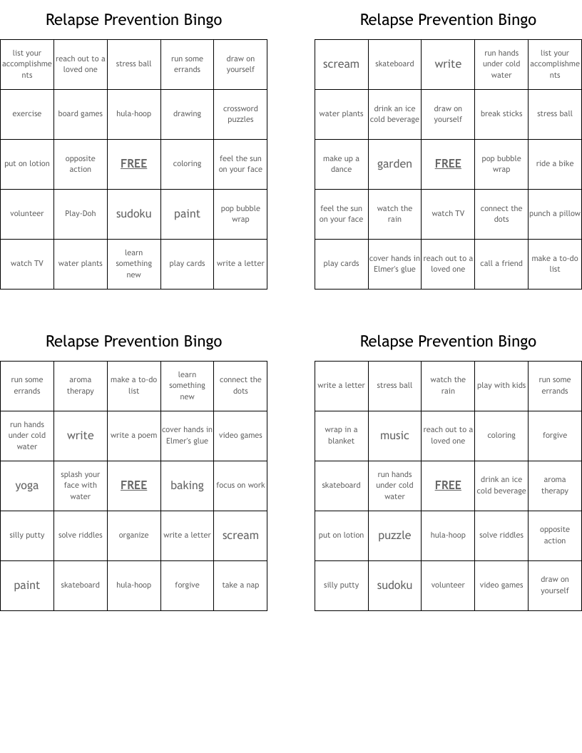 Relapse Prevention Bingo