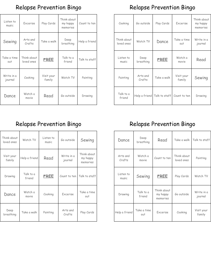 Relapse Prevention Bingo