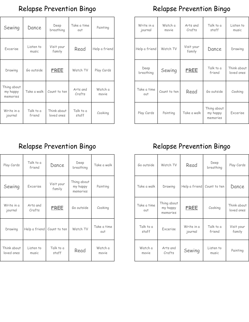 Relapse Prevention Bingo