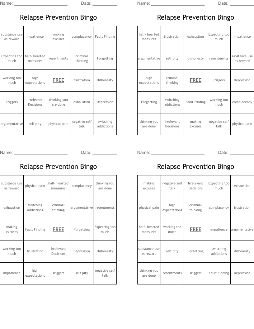 Relapse Prevention Bingo