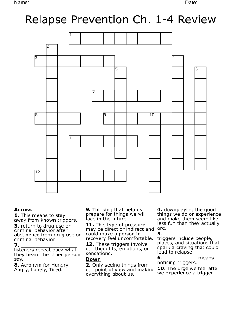 Relapse Prevention Ch. 1-4 Review Crossword