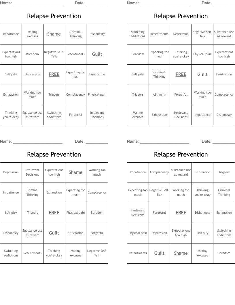 Relapse Prevention  Bingo Cards