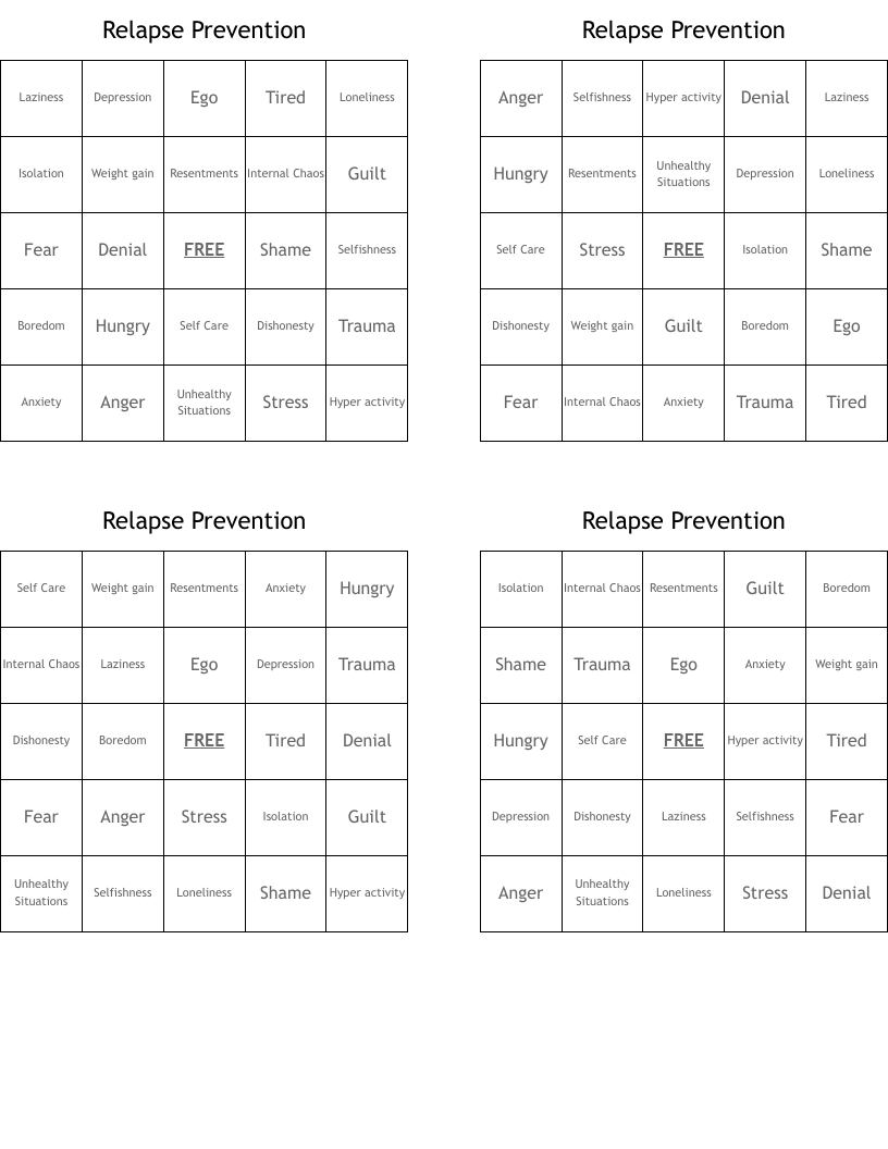 Relapse Prevention  Bingo Cards