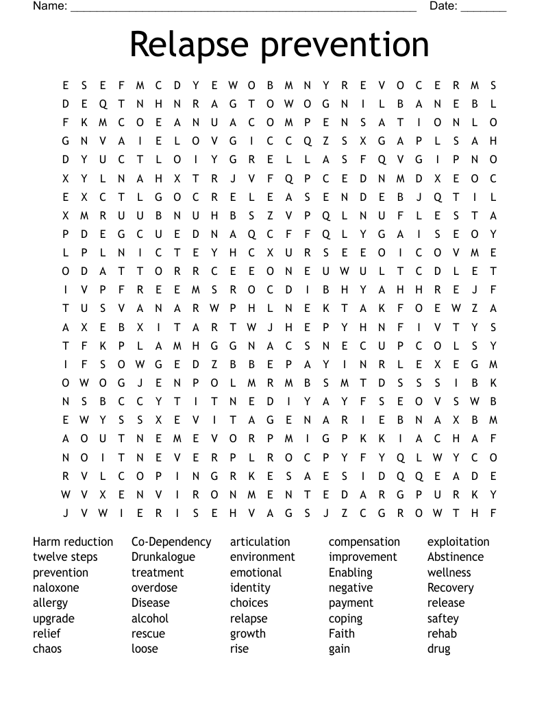 Relapse prevention Word Search