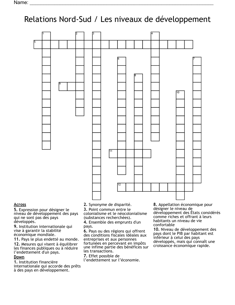 Relations Nord-Sud / Les niveaux de développement Crossword