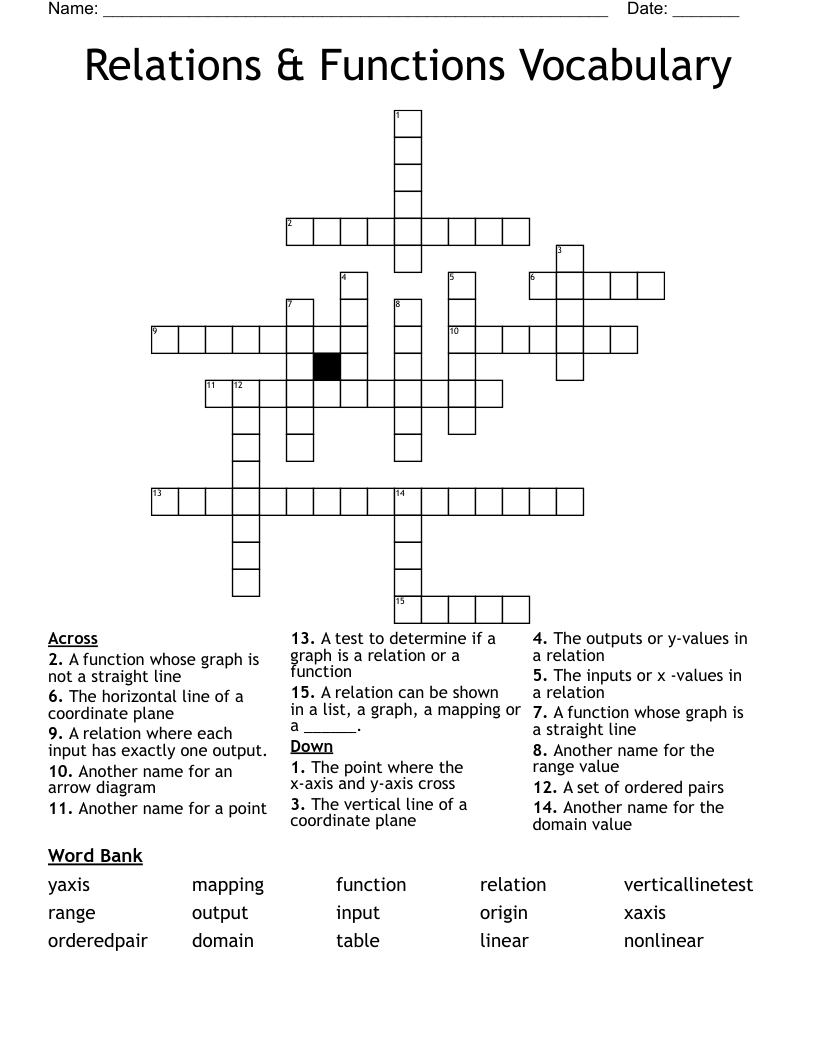 Relations & Functions Vocabulary Crossword