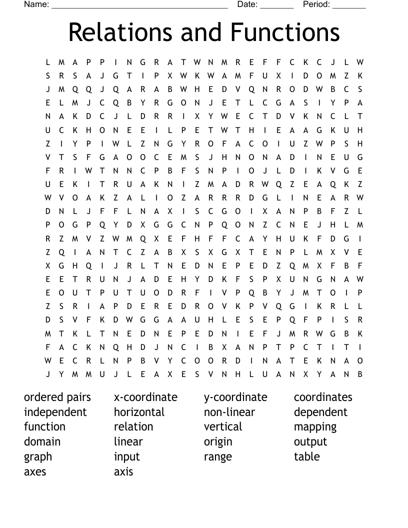Relations and Functions Word Search