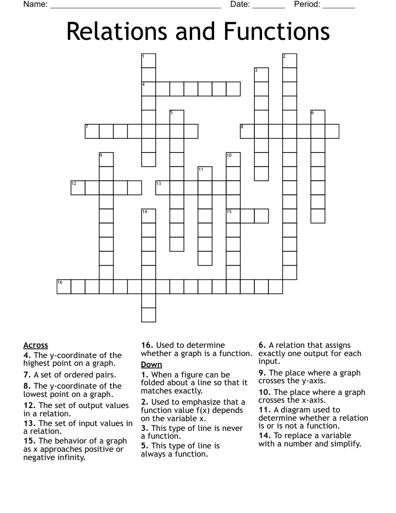 Relations and Functions  Crossword