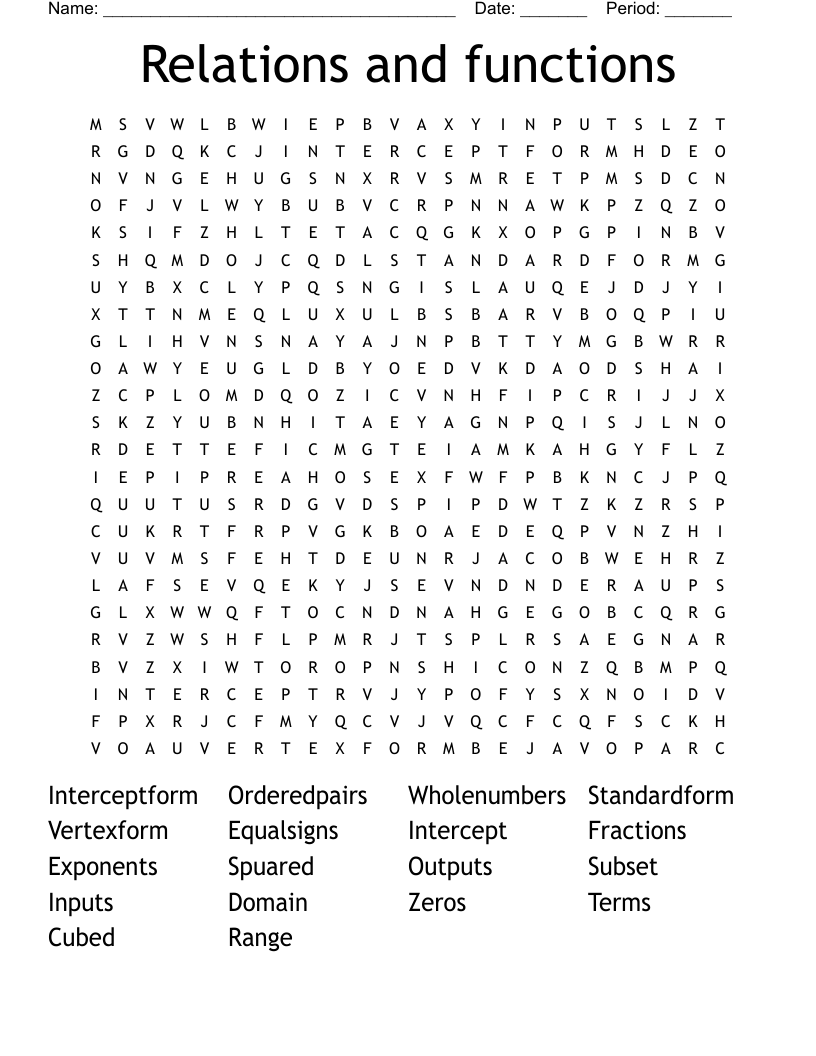 Relations and functions Word Search
