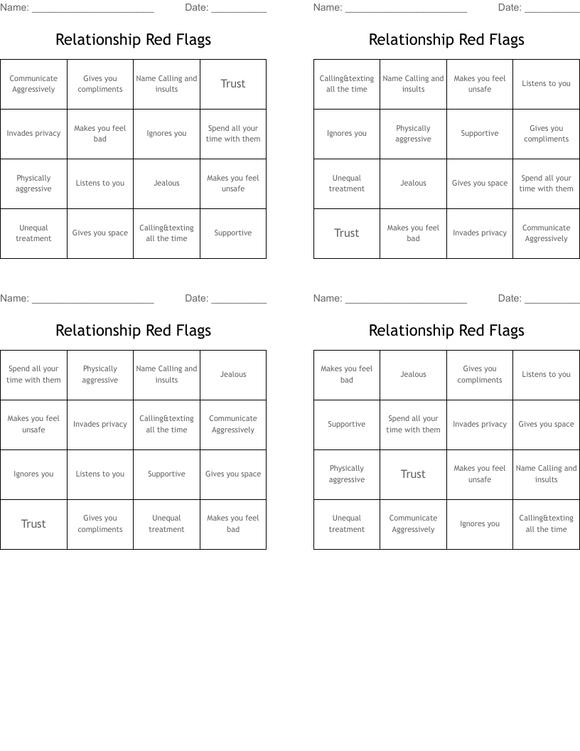 Relationship Red Flags Bingo Cards