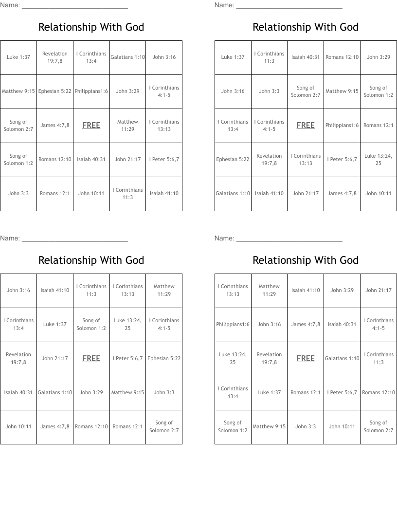 Relationship With God Bingo Cards