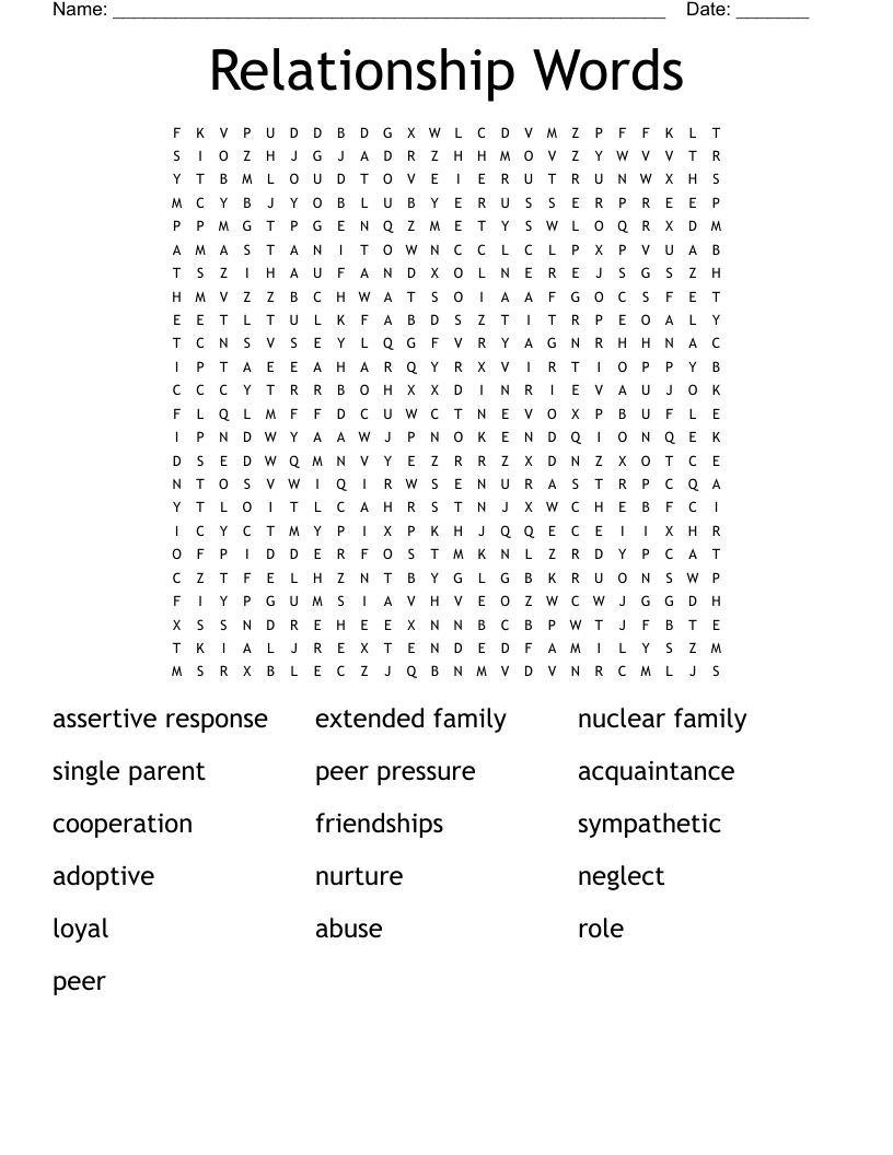 Relationship Words Word Search