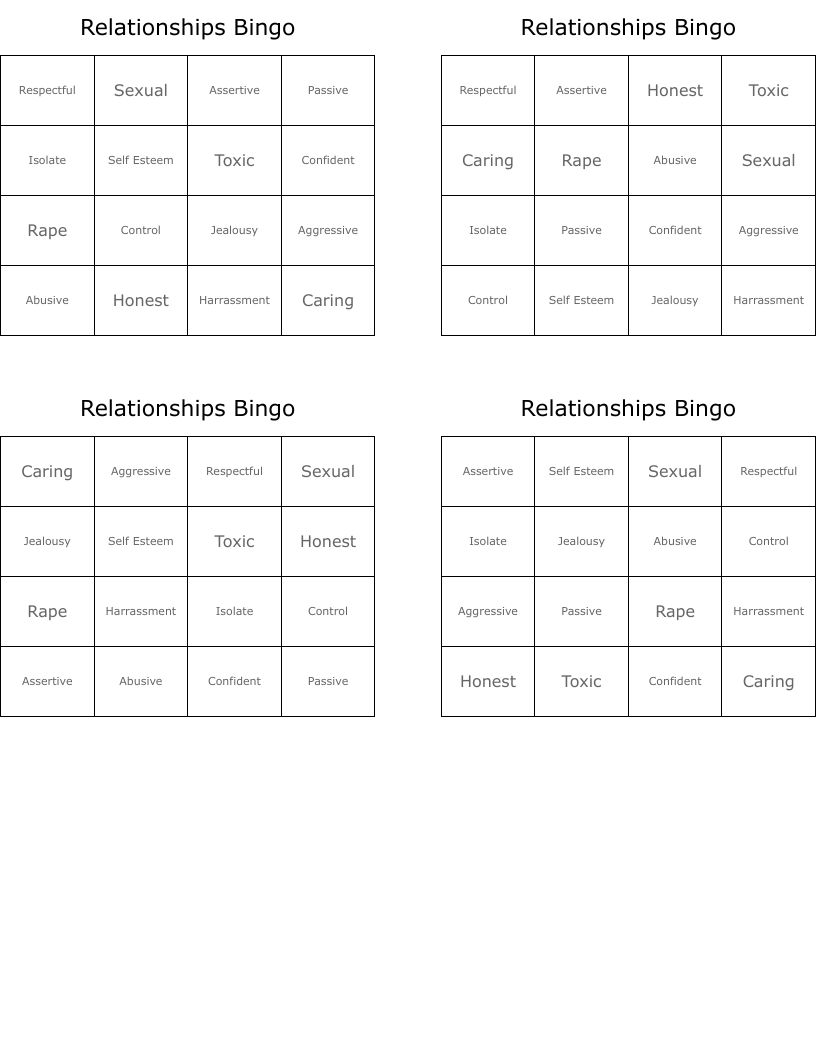 Relationships Bingo
