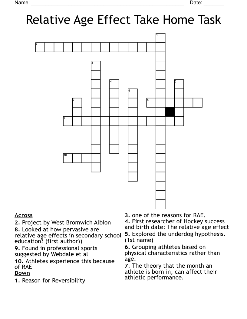 Relative Age Effect Take Home Task Crossword