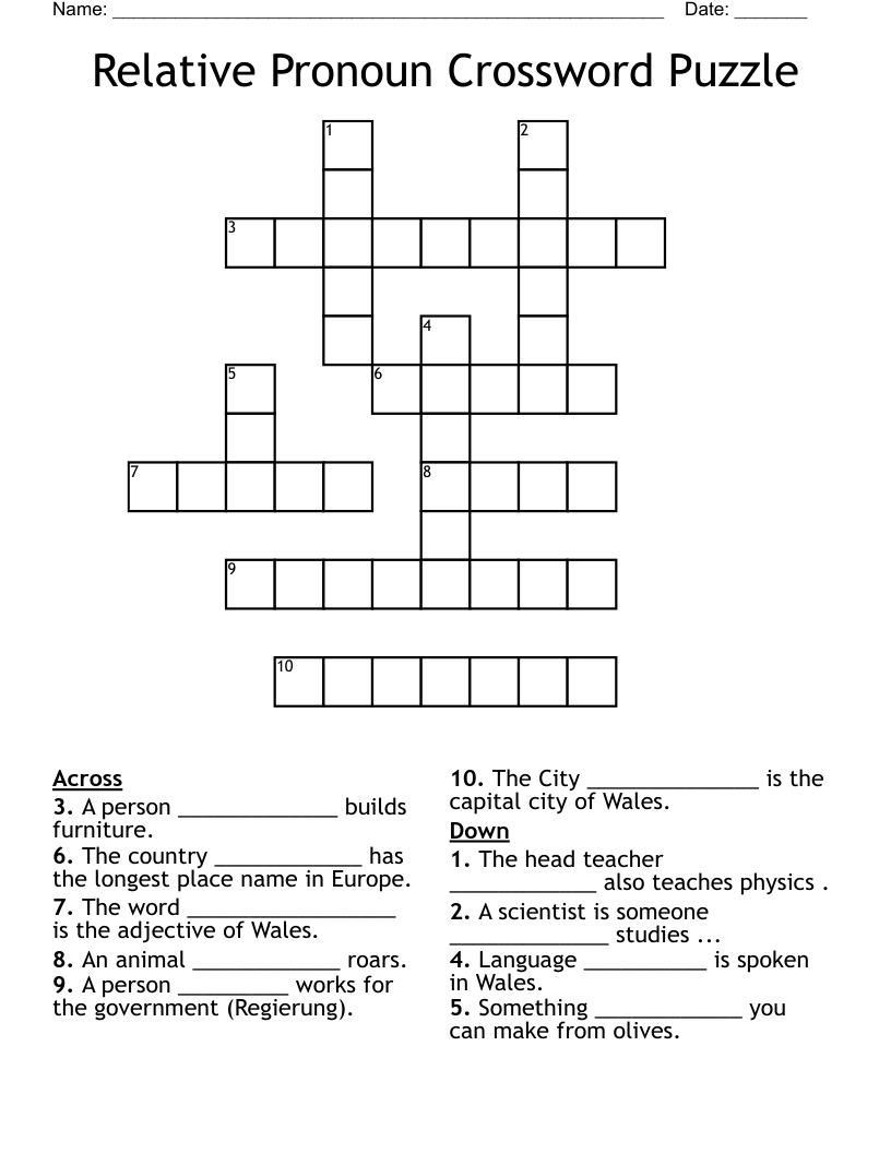 Relative Pronoun Crossword Puzzle