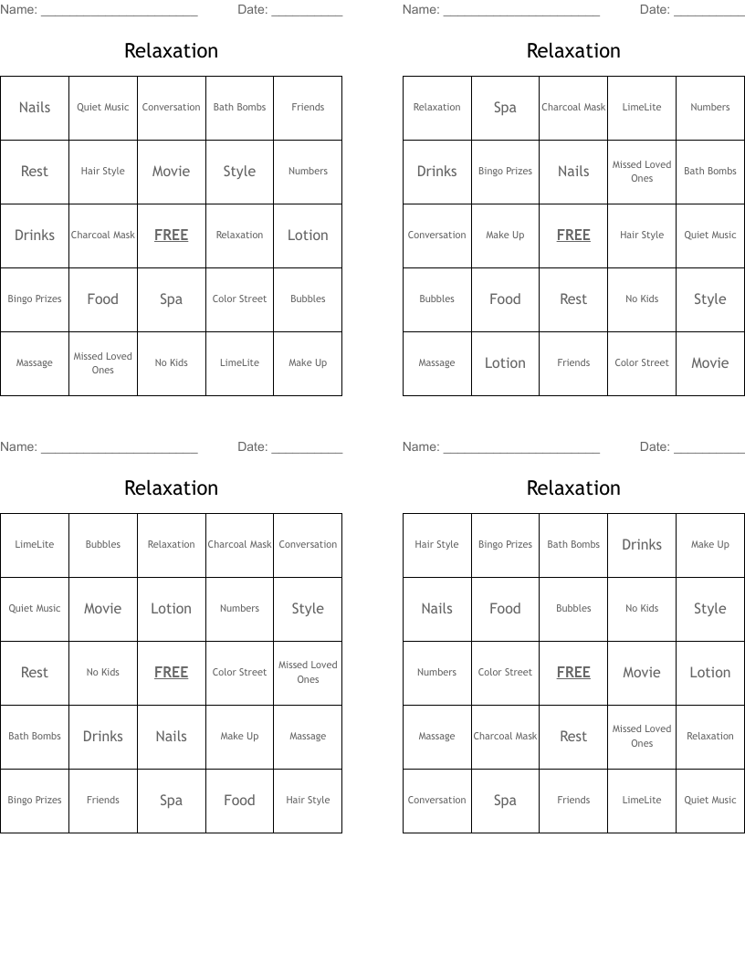 Relaxation Bingo Cards