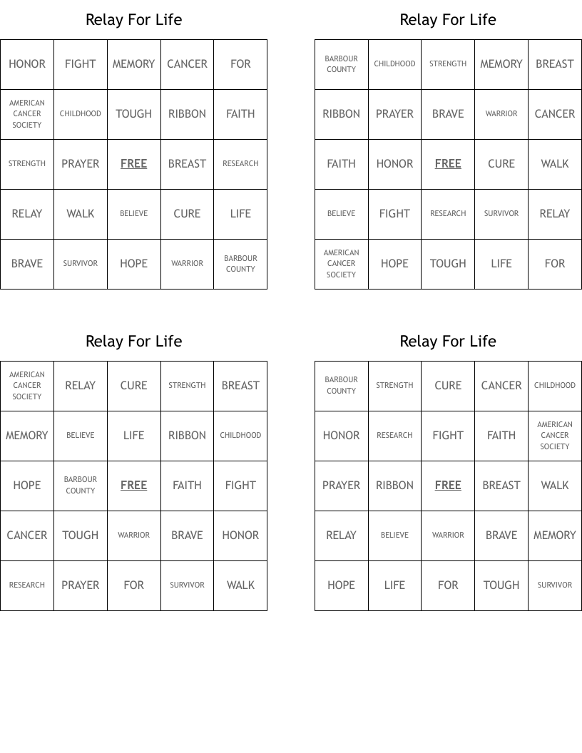 Relay For Life Bingo Cards