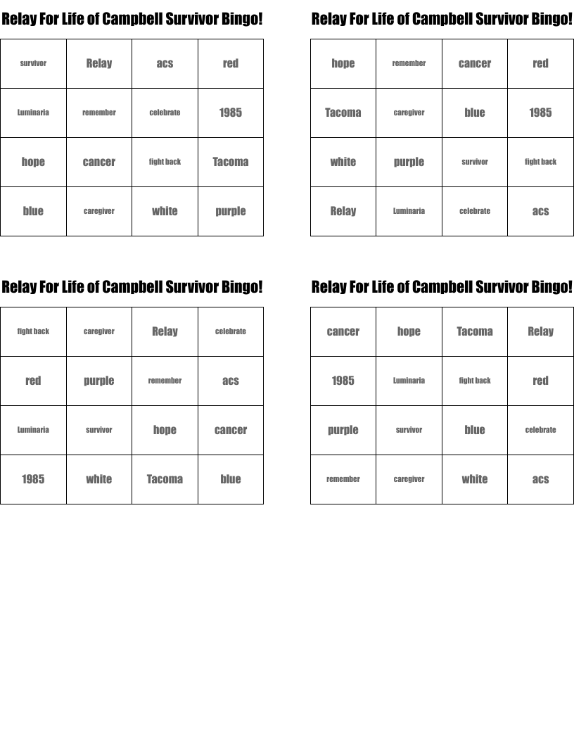Relay For Life of Campbell Survivor Bingo!