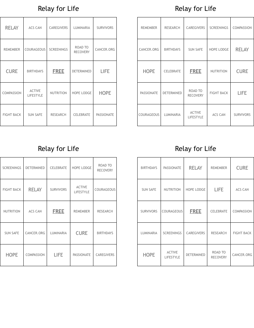 Relay for Life Bingo Cards