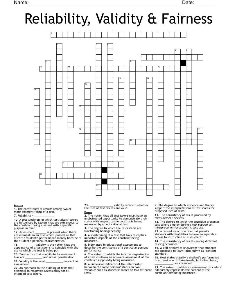 Reliability, Validity & Fairness Crossword