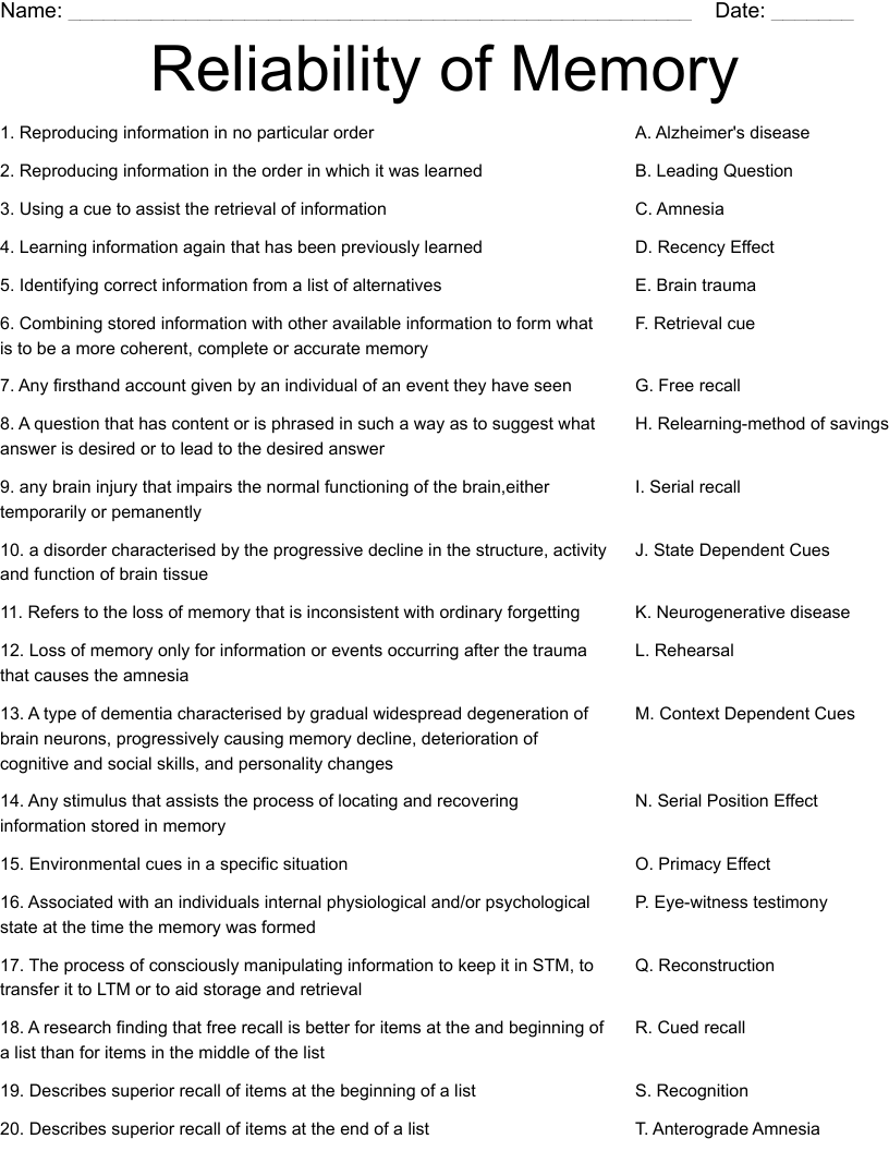 Reliability of Memory Worksheet